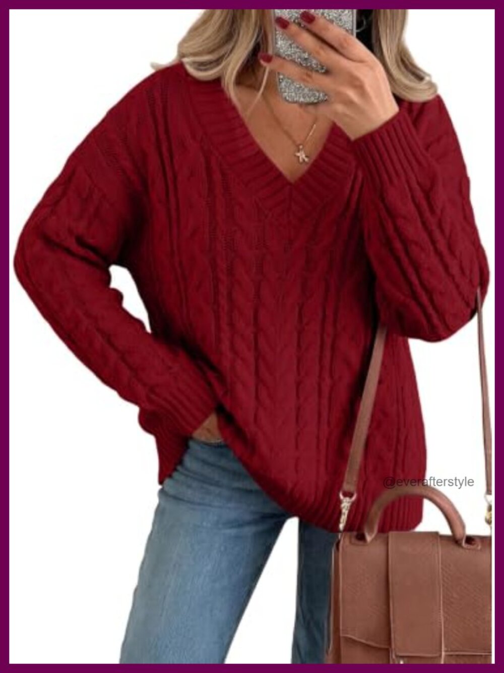 Women's Cable Knit V Neck Sweater Oversized Cozy Chunky Pullover